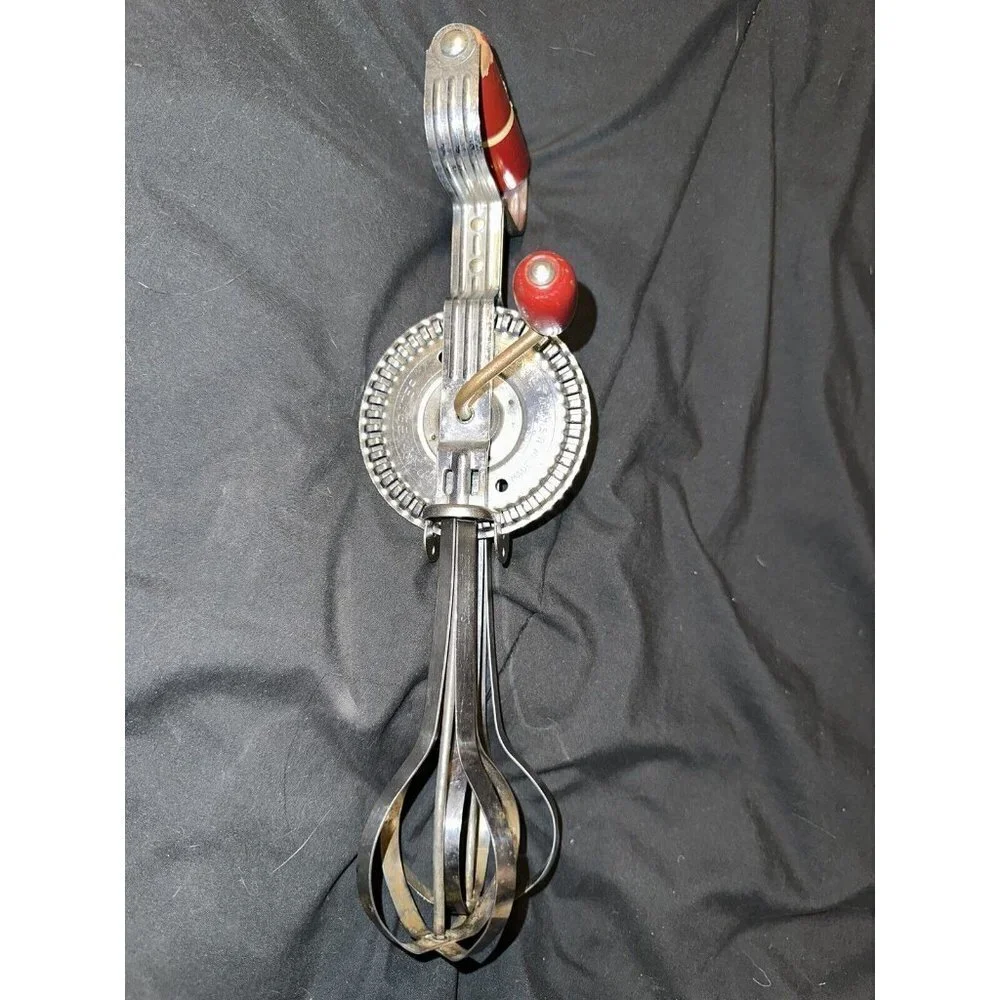 Vintage Ekco A&J Hand Crank Mixer Beater Wood Enamel Paint Handle